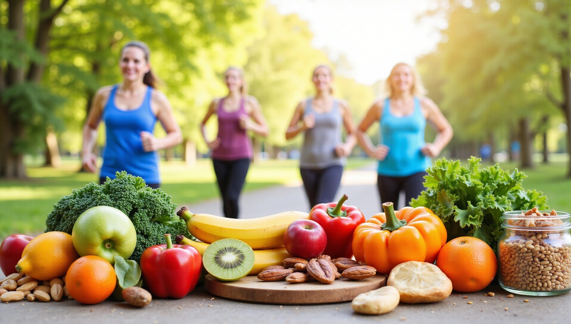 Zdjęcie tła przedstawiające zdrową żywność i aktywne osoby, symbolizujące holistyczne podejście do zdrowia.