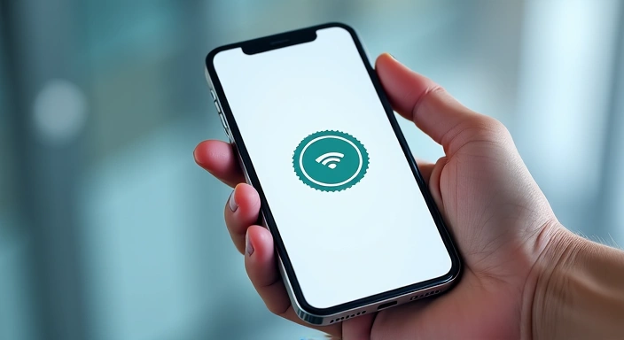 Ilustracja przedstawiająca dłoń trzymającą smartfon z ikonami wiadomości i kontaktu, symbolizującą łatwy kontakt i komunikację.